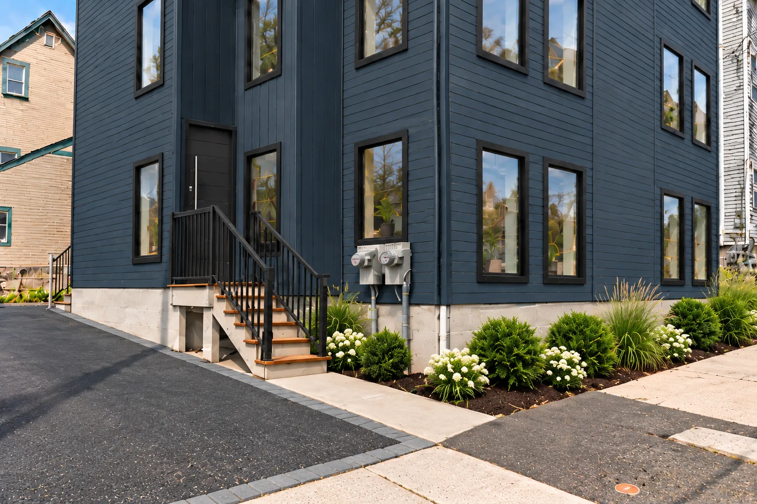 The Harbour House — an ink-blue entry, bay and garden