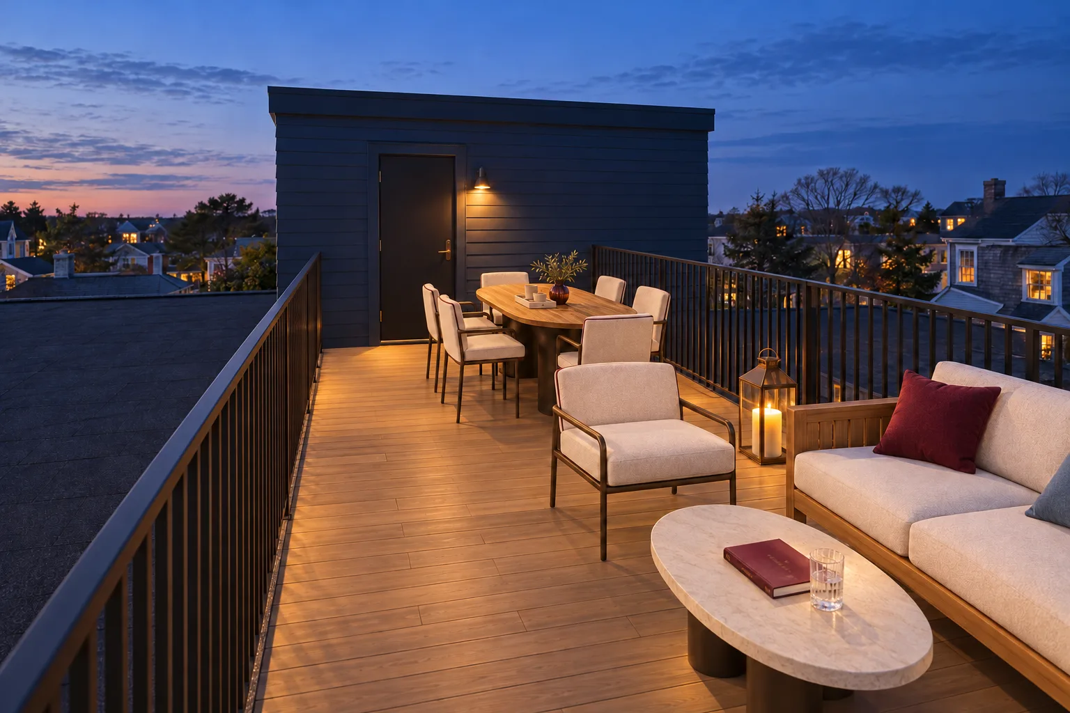 A private roof terrace at blue hour, the harbour beyond