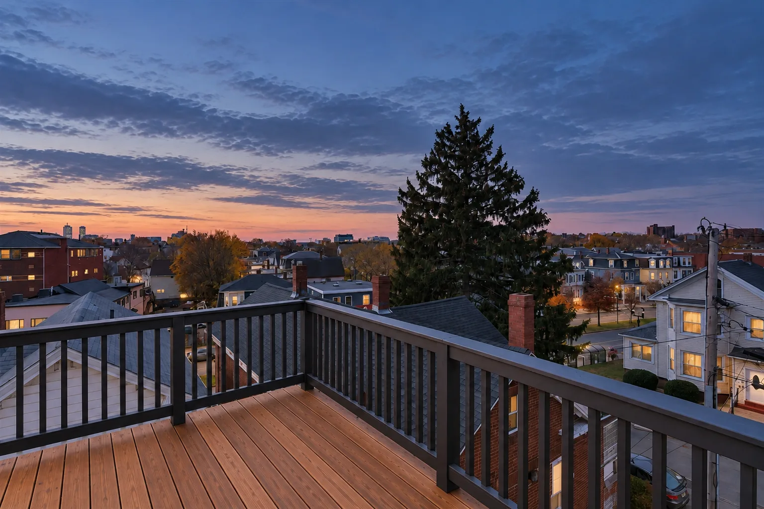 A roof deck at dusk with the city beyond
